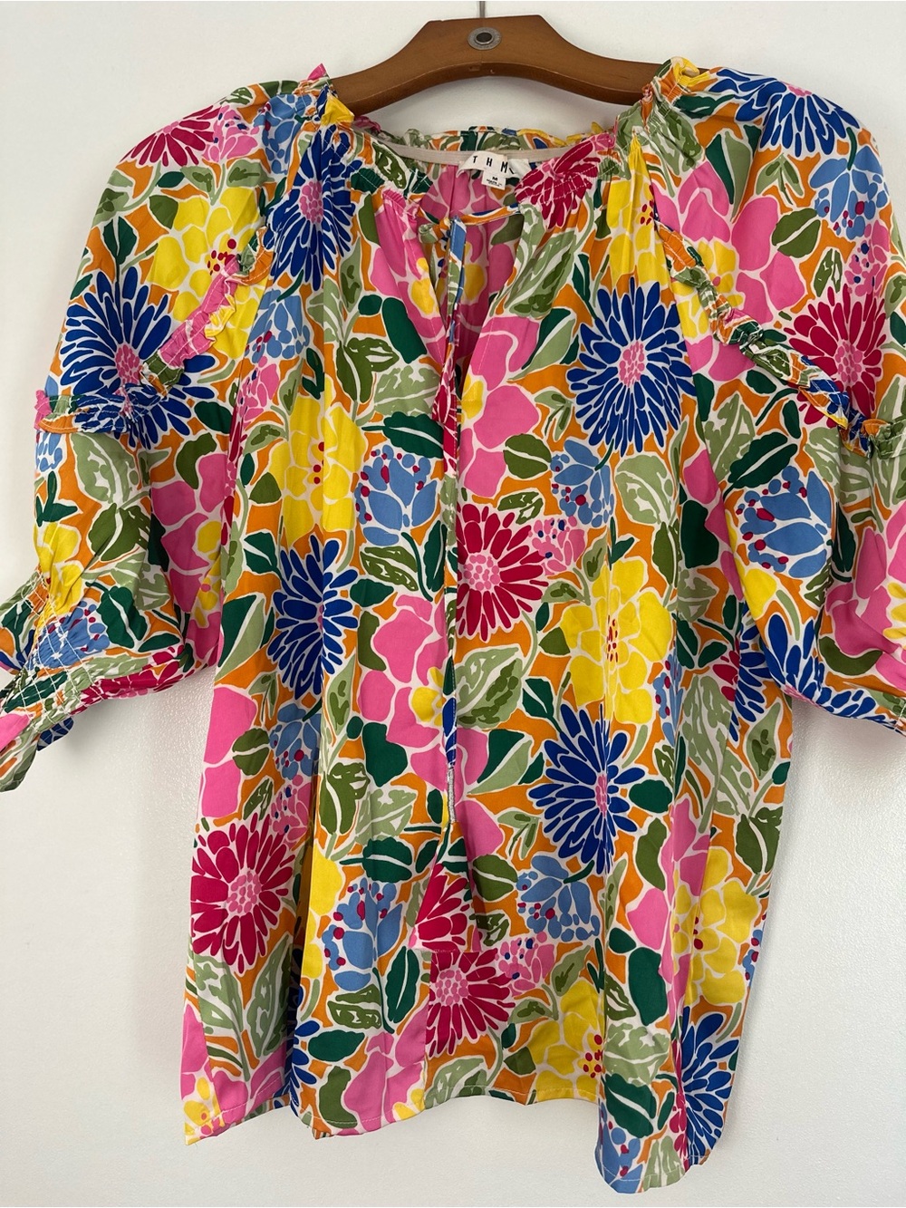 THML Vibrant Floral Tie-Front Blouse in Pink, Yellow, Blue & Green